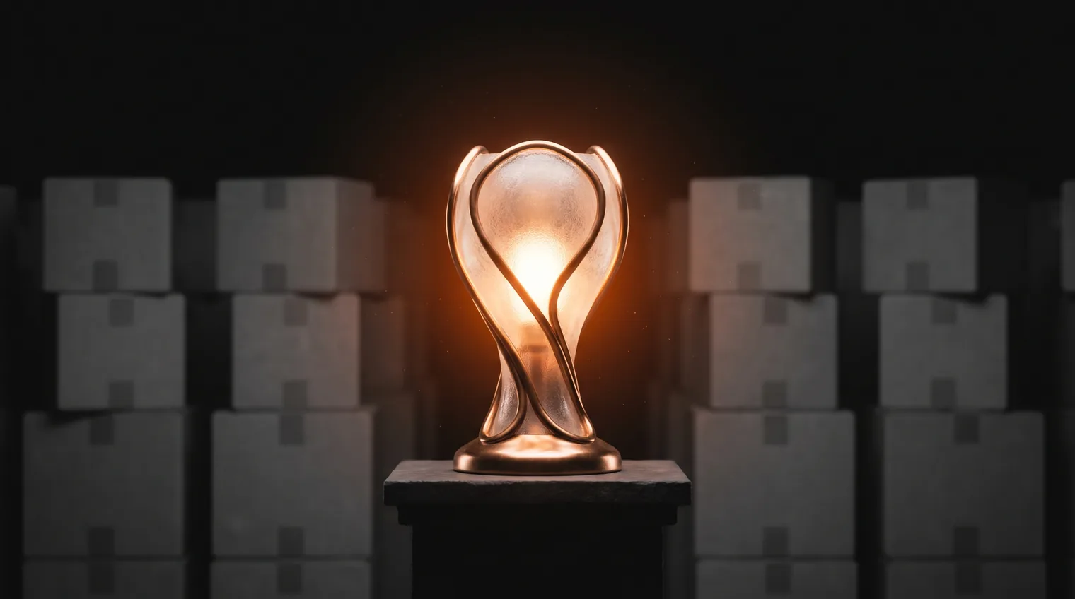 A single elegant object glowing with warm light on a pedestal, standing out from rows of identical grey boxes fading into darkness behind it
