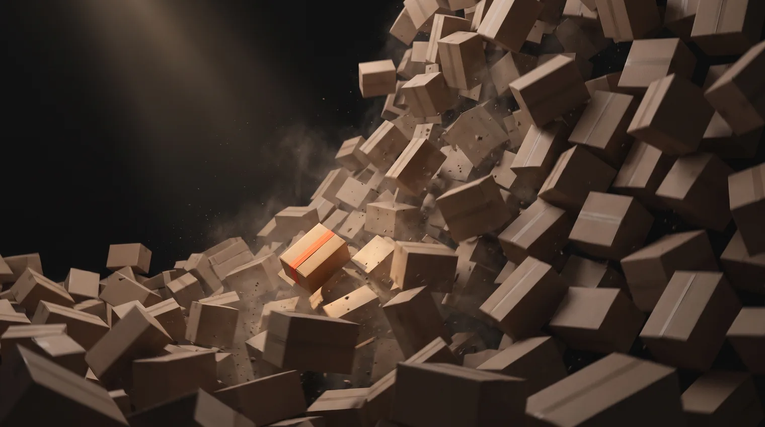 A towering wave of identical brown cardboard parcels crashing forward out of the dark, with one lone parcel glowing orange in the middle of the mass