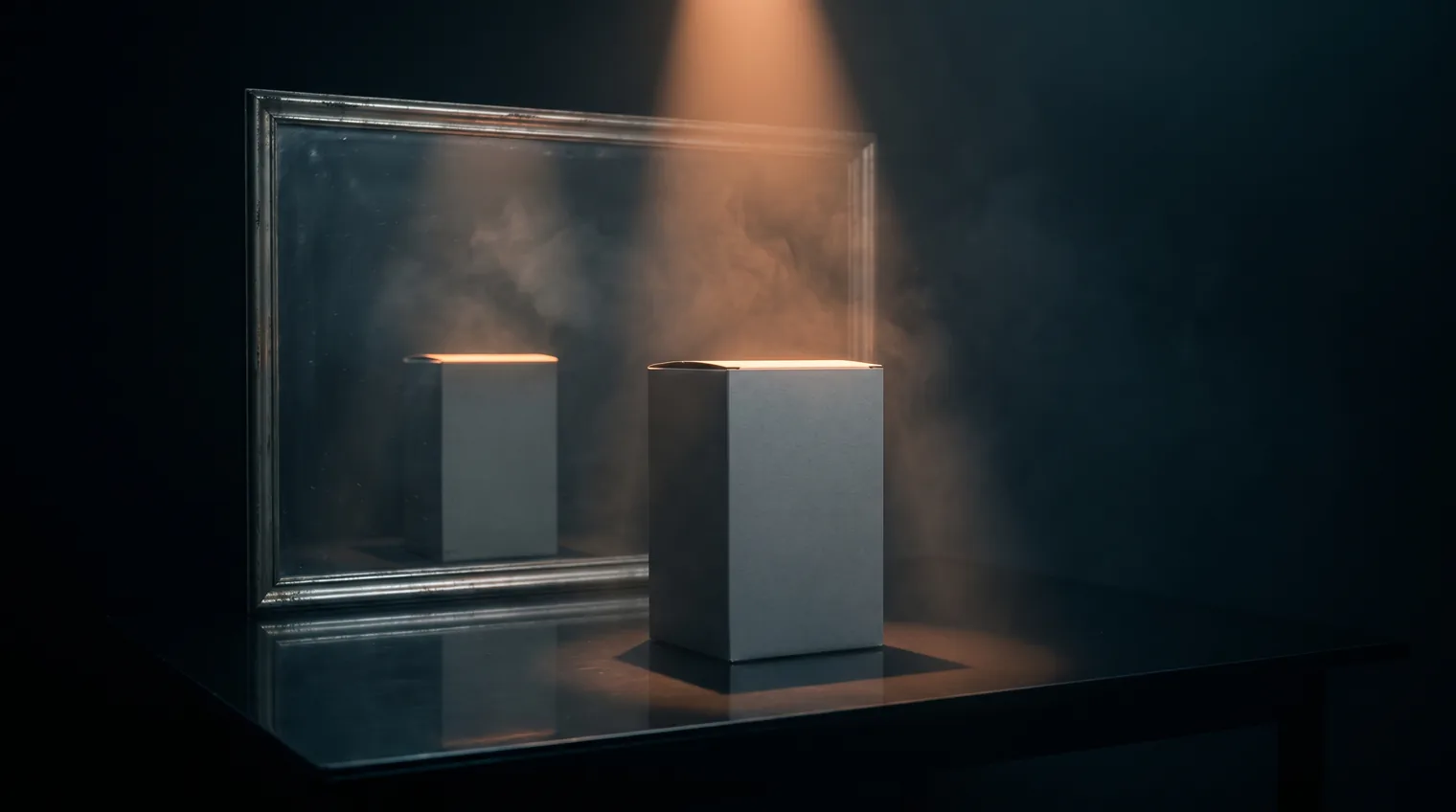 A plain unbranded box standing under a hard spotlight in front of a glass panel in a dark room, as if placed on an examination table