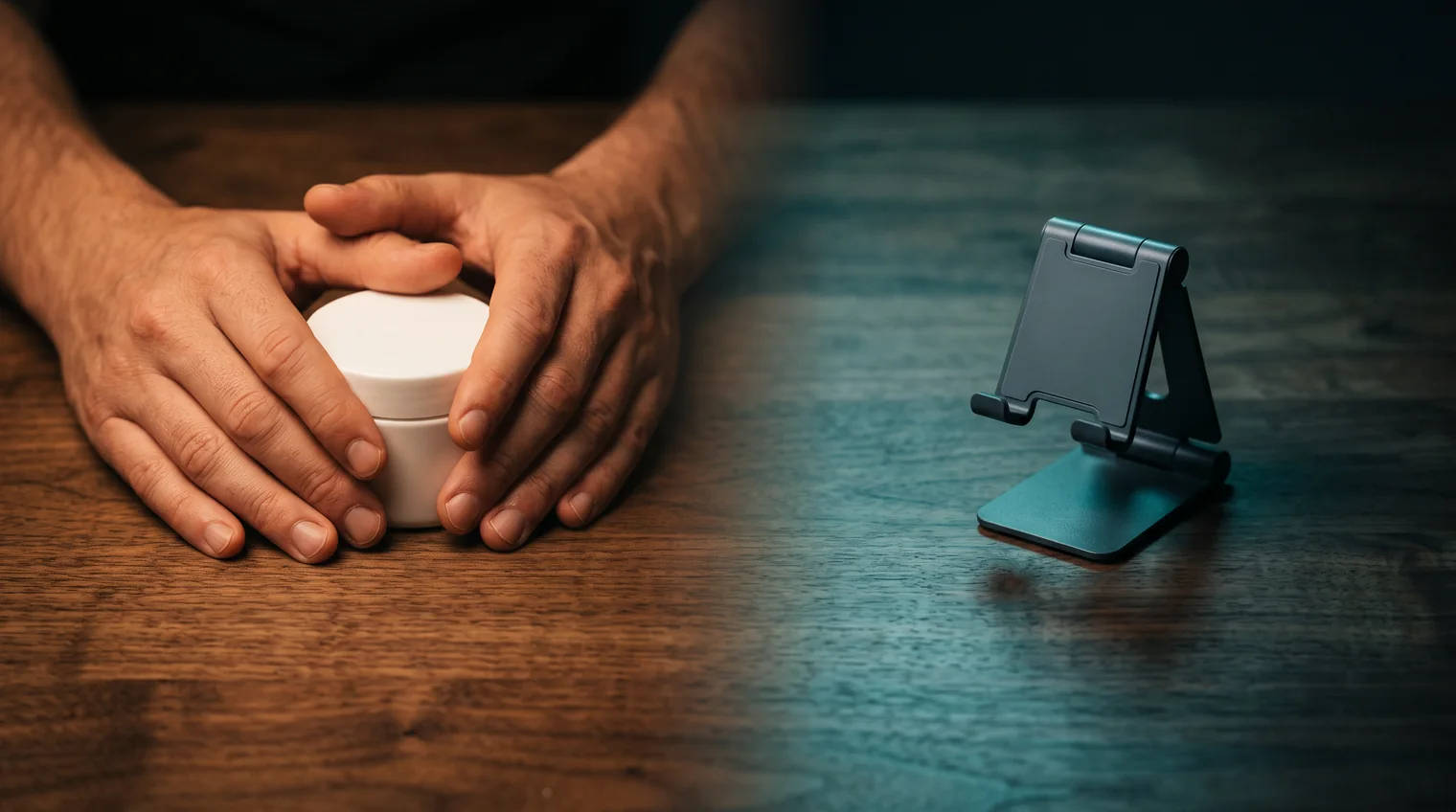 Hands resting protectively around a plain white cream jar in warm light, beside a phone stand standing alone in cool light