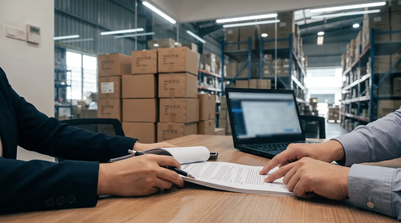 A foreign brand team and a local distributor reviewing a contract beside a laptop in a warehouse office