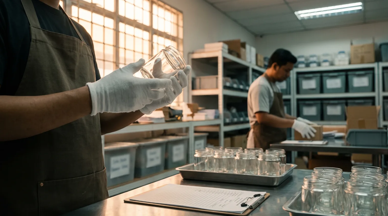 A brand's own staff member inspecting a glass jar for quality control while a colleague packs parcels behind