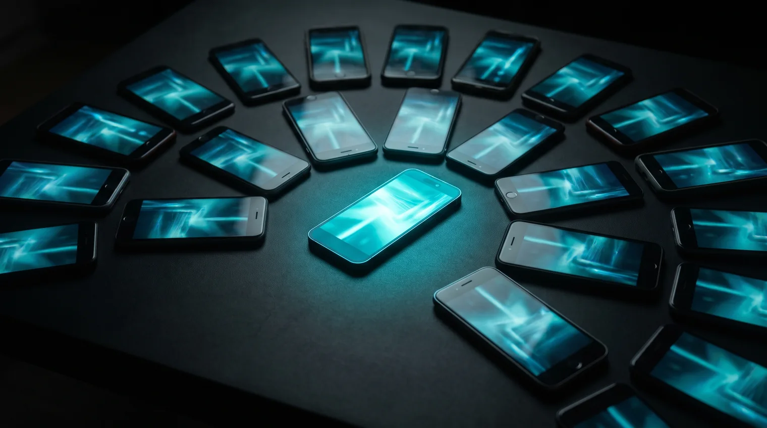 Around twenty phone screens arranged in a fan, all playing the same brand video, with one brighter phone at the centre