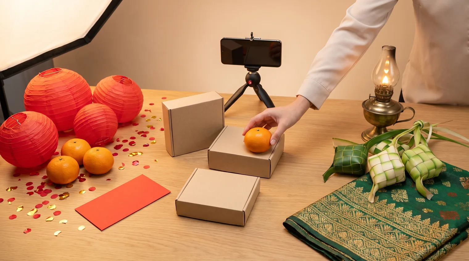 A content tabletop with Chinese New Year lanterns and oranges on one side and Hari Raya ketupat and pelita on the other