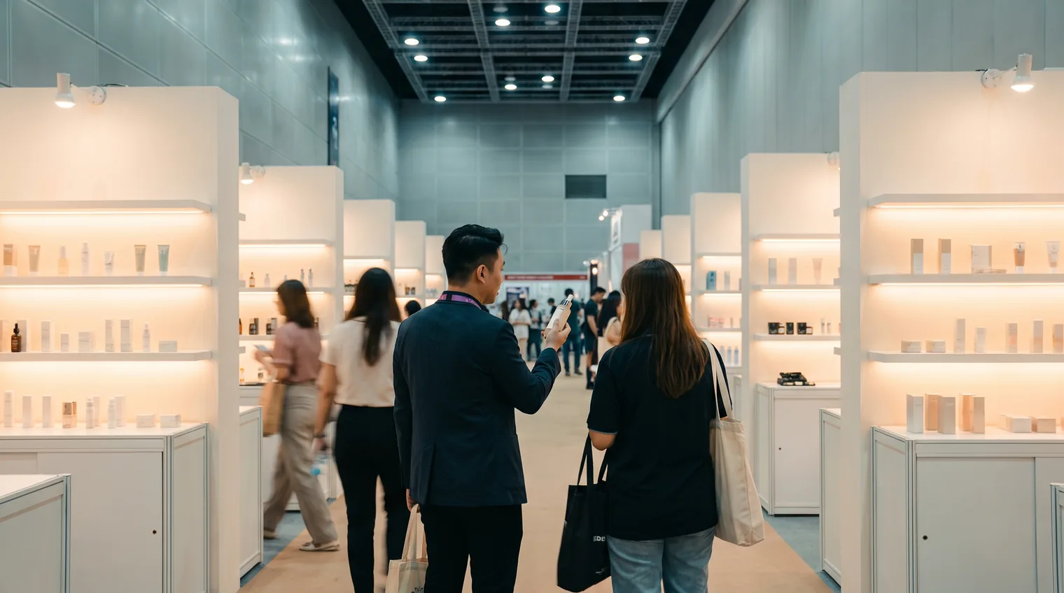 An aisle of skincare booths at a beauty trade show in Kuala Lumpur, with an exhibitor talking to a visitor