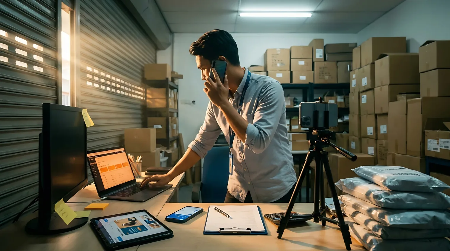 An e-commerce executive on the phone while typing on a laptop, surrounded by a tablet, a filming tripod and stacked parcels