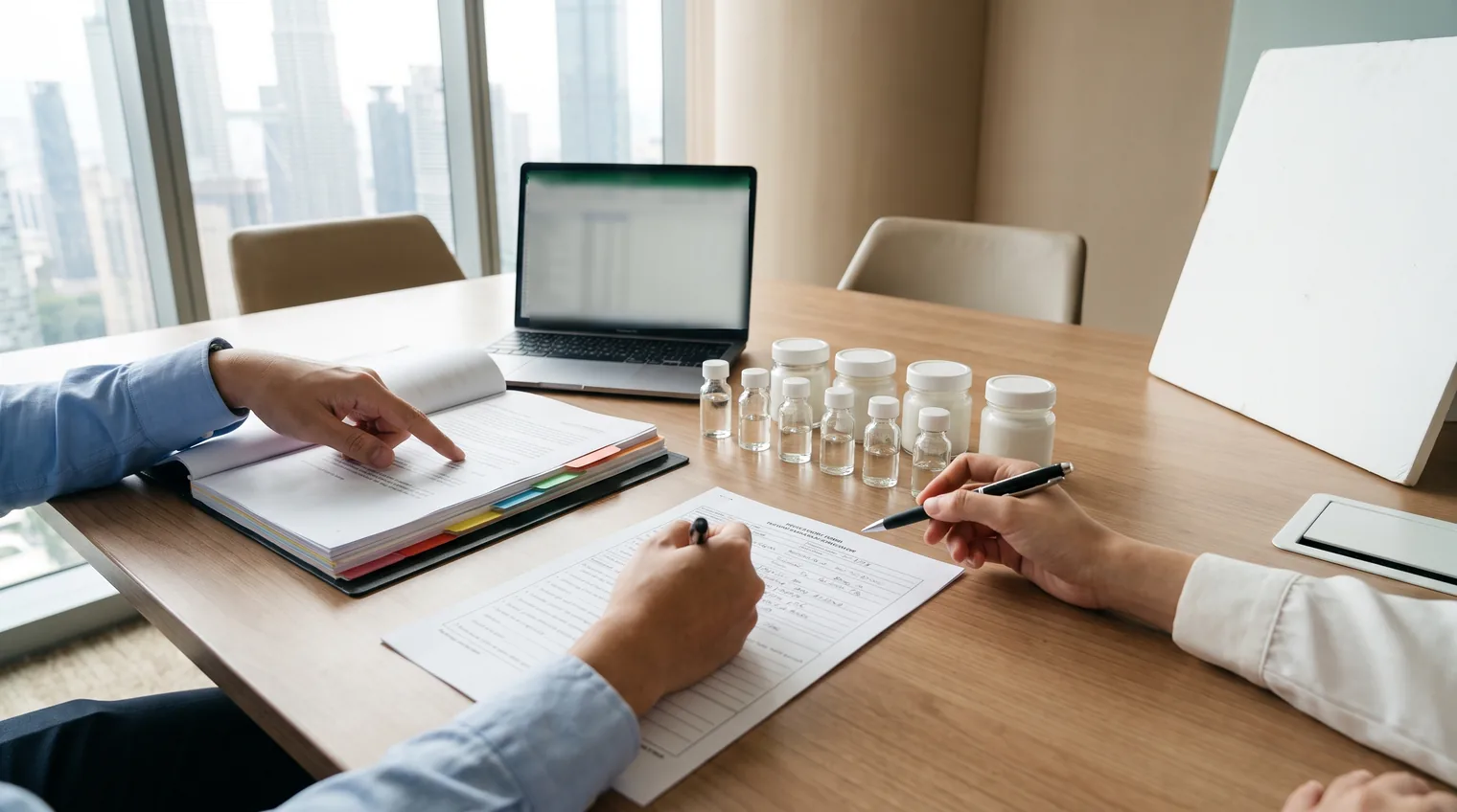 A foreign brand team reviewing regulatory documents beside skincare samples in a Kuala Lumpur meeting room