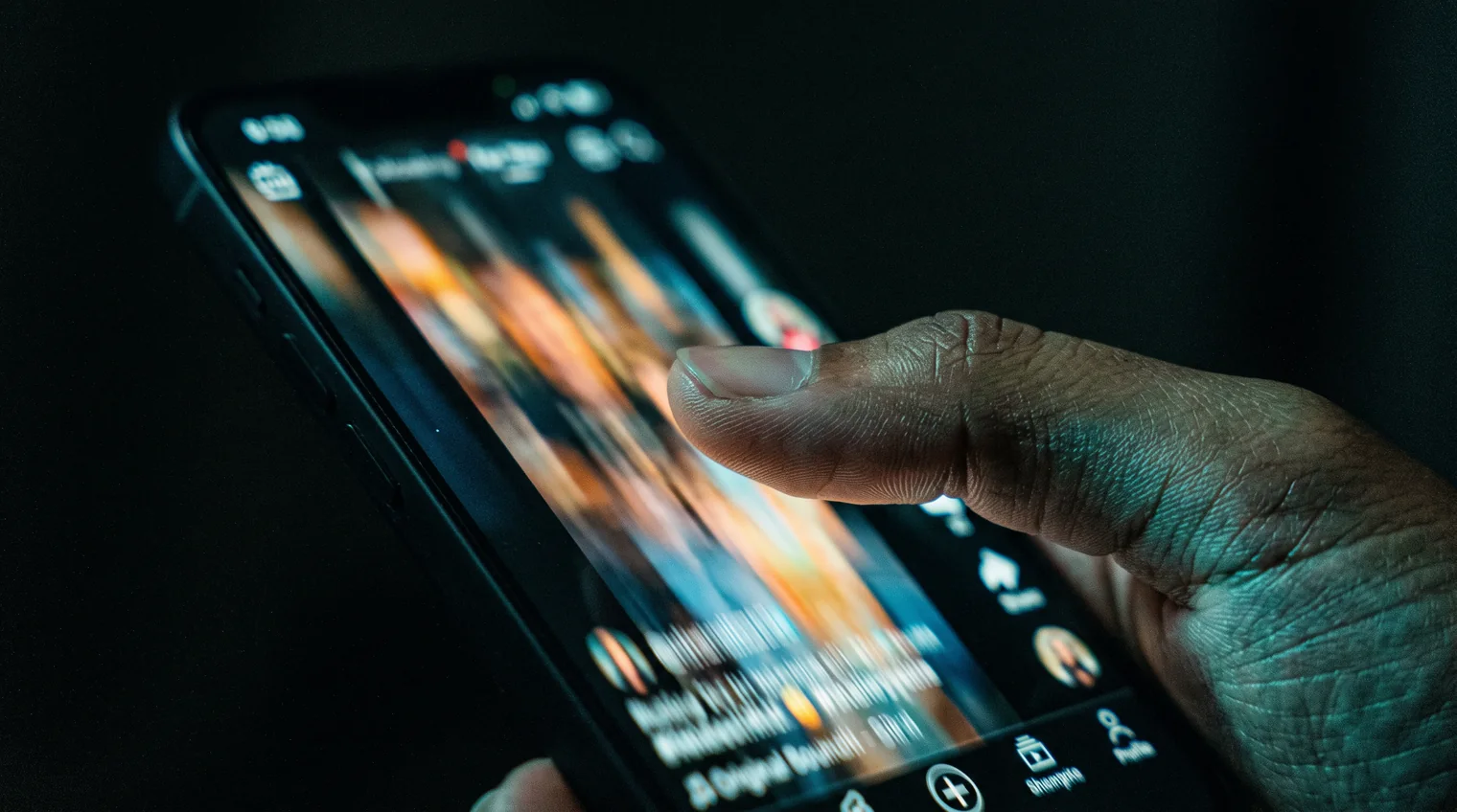A thumb mid-swipe over a smartphone screen at night, the video on screen blurred by the motion