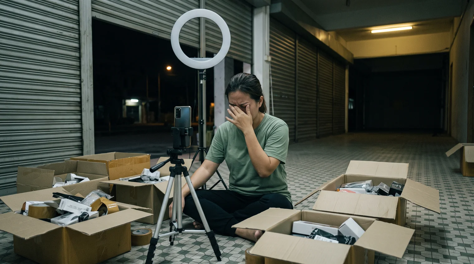 A Malaysian shop owner sitting on the floor after closing, filming product videos alone with a ring light and open cardboard boxes