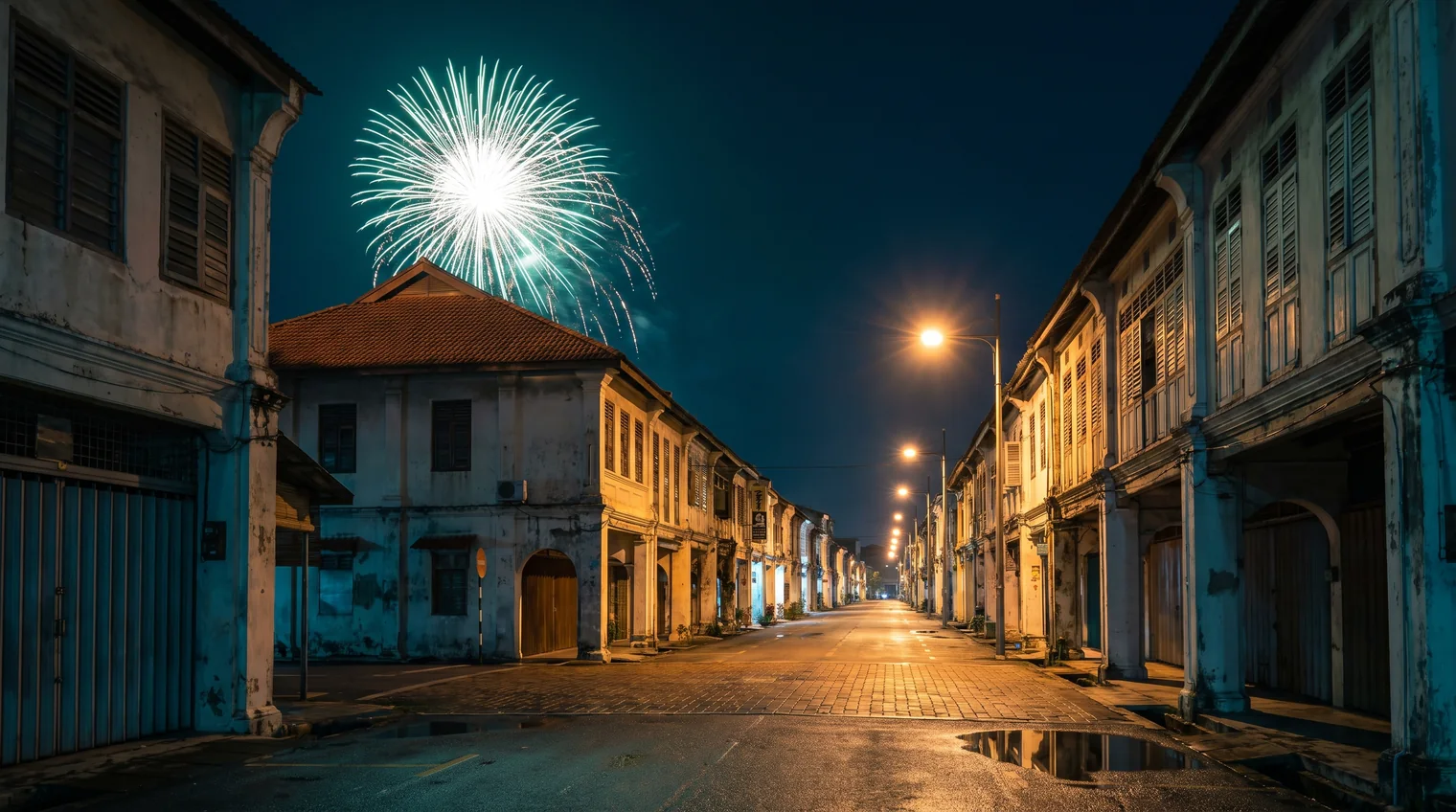 A single firework bursting above a row of Malaysian shophouses while the streetlamps stay evenly lit down the street