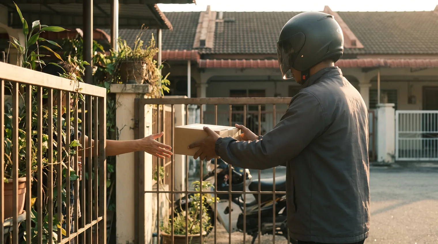 A delivery rider handing a parcel to a customer at the gate of a Malaysian terrace house in the late afternoon