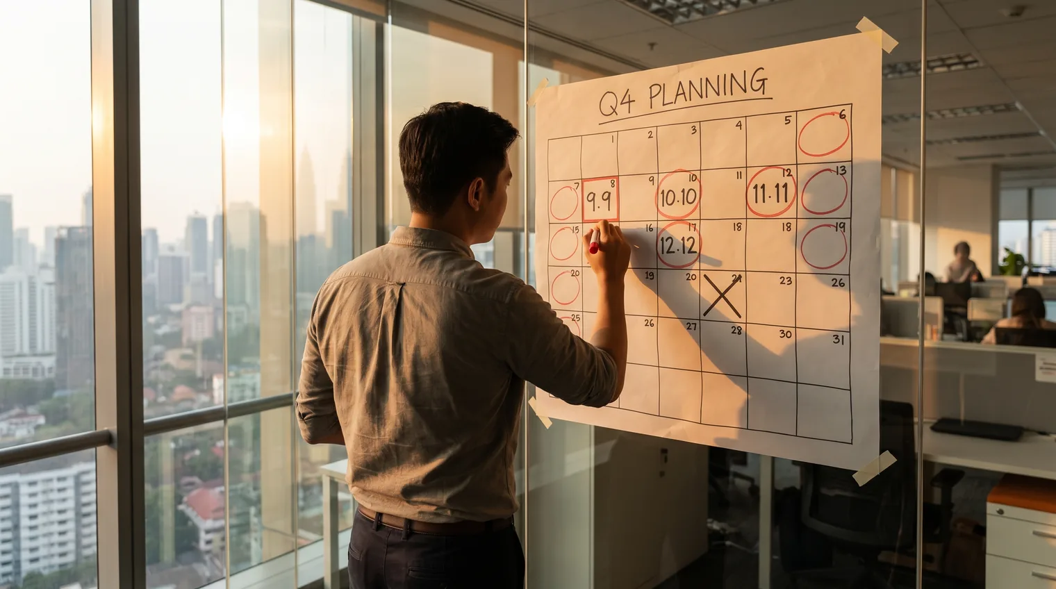 A marketer marking a Q4 planning calendar taped to a glass office wall in Kuala Lumpur, with 9.9, 10.10, 11.11 and 12.12 circled in red and one earlier date crossed out