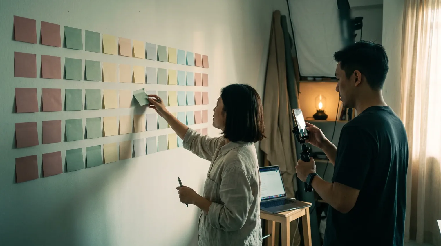 A small brand content team planning a month of TikTok videos on a wall grid of coloured sticky notes