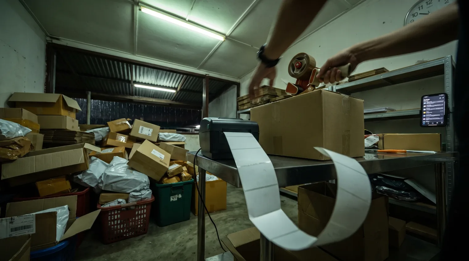 A small packing room at night with parcels piled high and a thermal printer spilling blank shipping labels