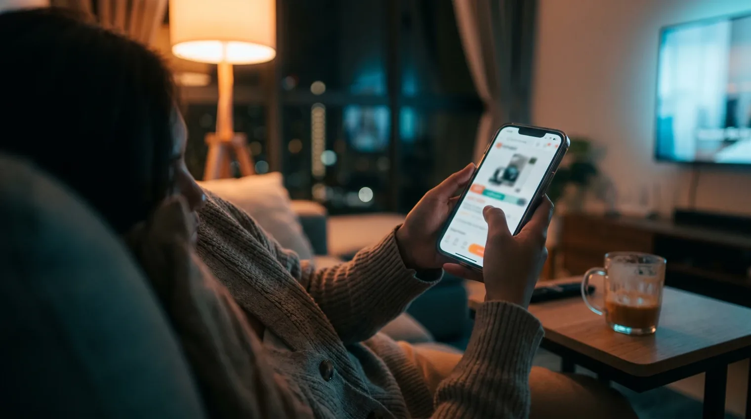 A shopper on a sofa at night hesitating over a TikTok Shop product page on her phone
